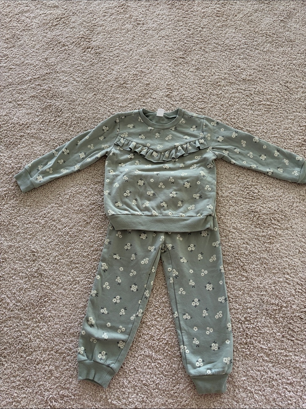 Girls Floral Ruffle Sweatshirt & Jogger Set - Sage Green